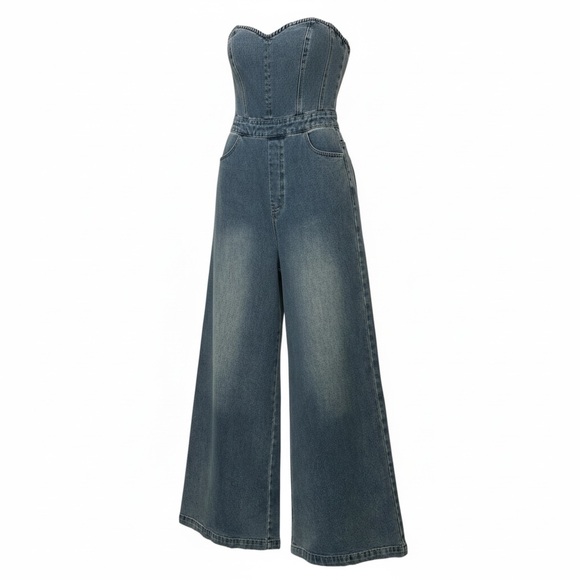 Flying Tomato Pants - Free Market by Flying Tomato Women’s Blue Denim Strapless Jumpsuit NWT. Size M